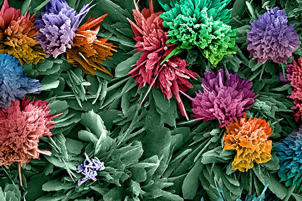 Colorful crystals that look like flower blooms.