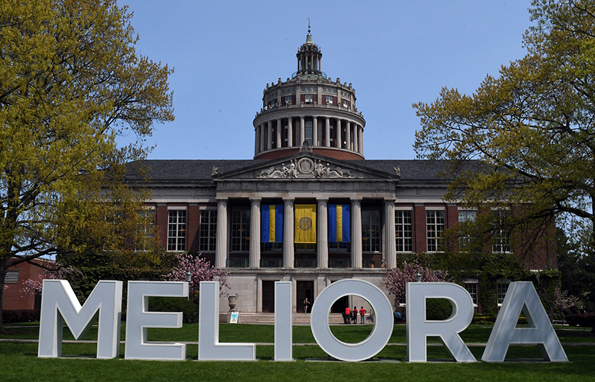 Meliora in front of Rush Rhees