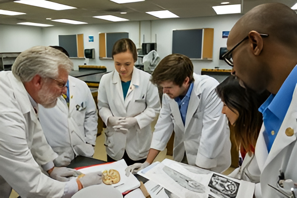 A group of people in white lab coats studying a brain.