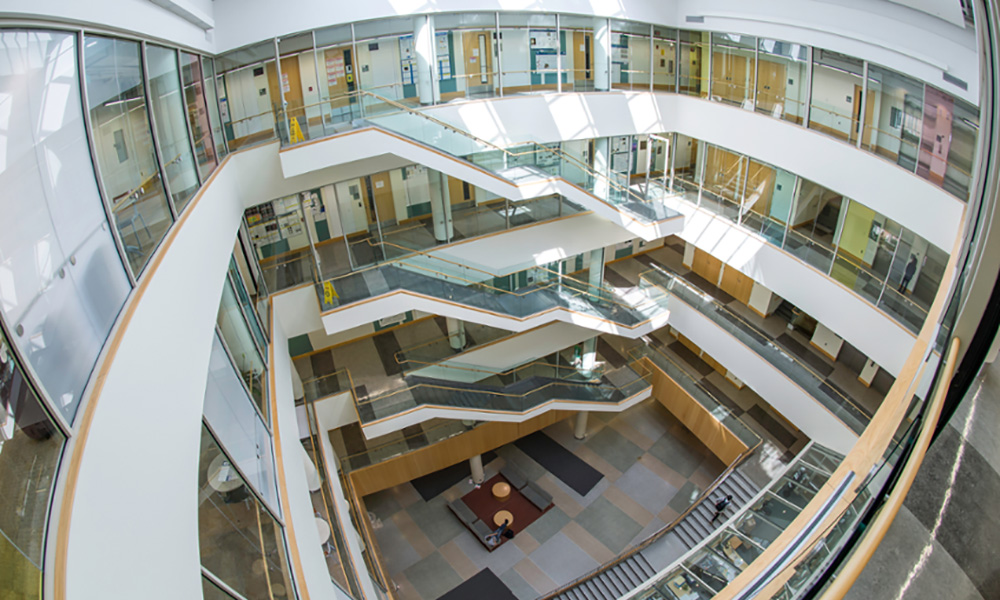 An overhead view of the atrium in Goergen Hall.