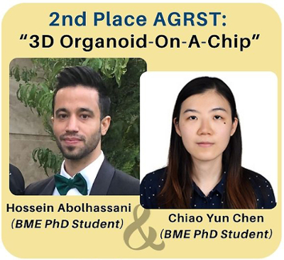 Headshots of Abolhassani and Chen on a yellow background with text announcing their 2nd place accomplishment.