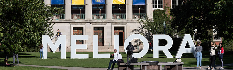 Large letters spelling Meliora on the Eastman Quad.