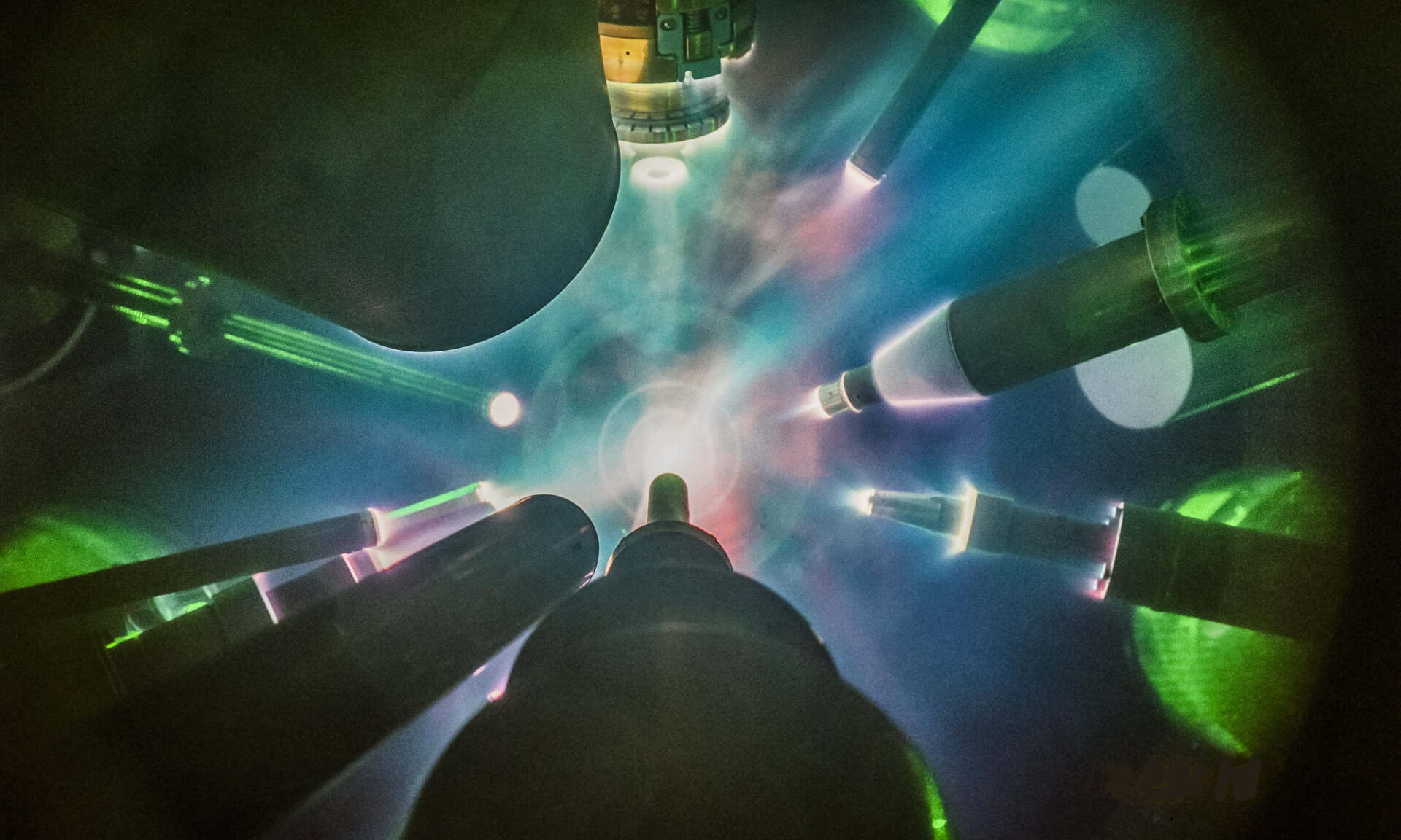 View from inside the OMEGA laser system's target chamber during a direct drive fusion experiment.