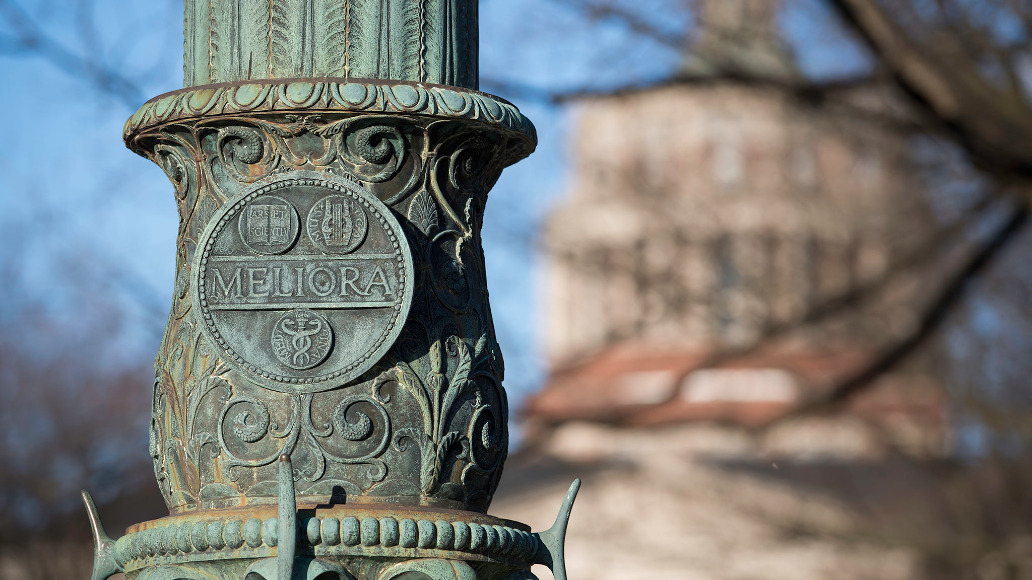 A close up of a Meliora flagpole with the tower of Rush Rhees library in the background.