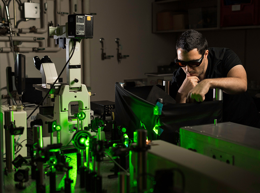 An REU student in the Krauss Lab working on building an interferometer to test some fundamental aspects of light from colloidal quantum dot single photon emitters.