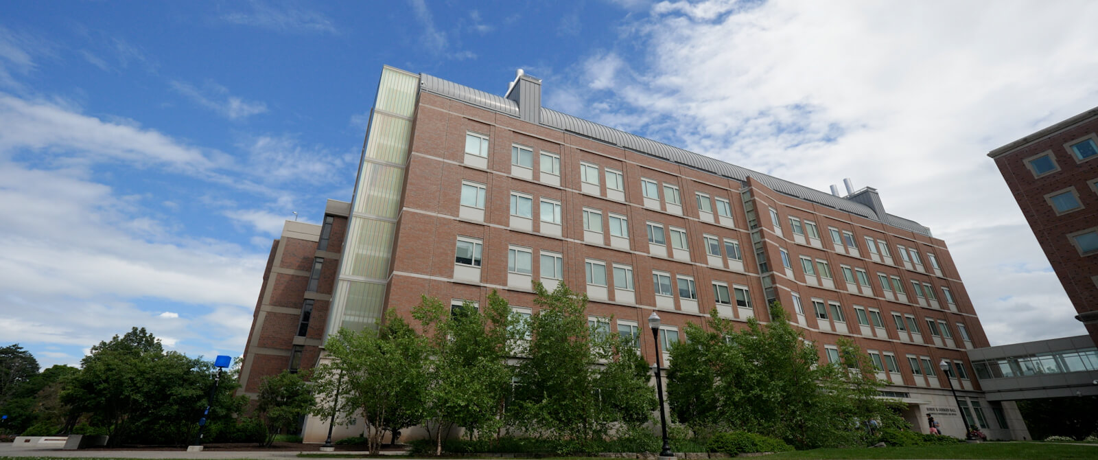 The four-stories of Hajim building stands in front of a beautiful blue sky.