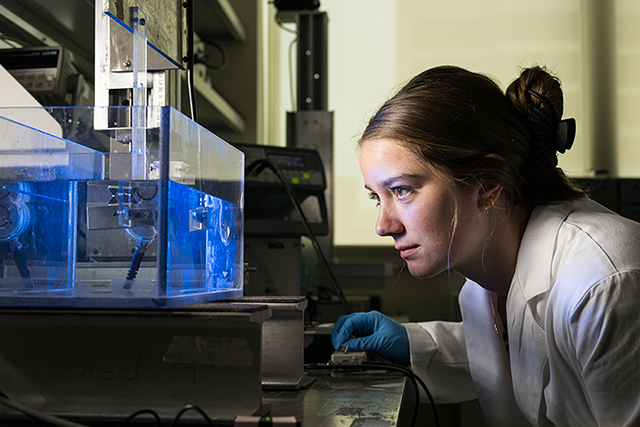 A person adjusts an apparatus for acoustic patterning in a laboratory.