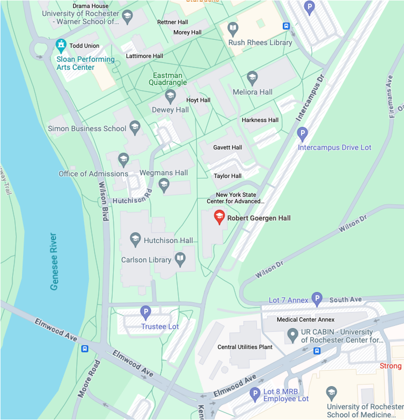 A map of River Campus with Goergen Hall indicated by a red graduation cap.