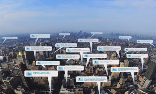 aerial view of New York with twitter balloon captions