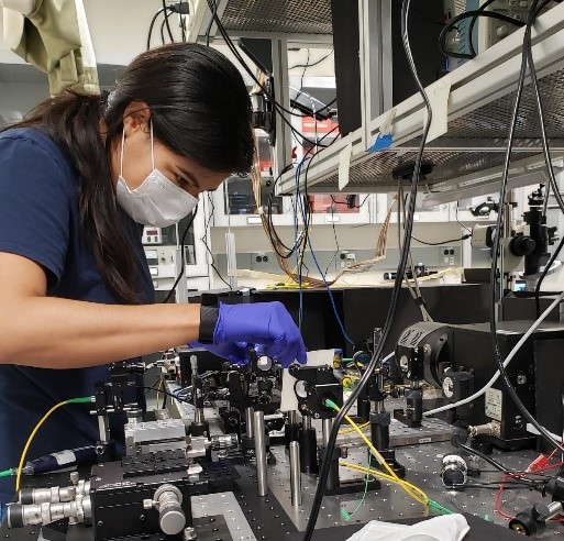 Optics graduate student working in a lab.